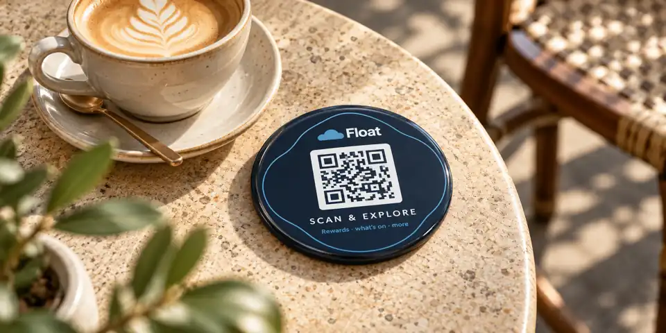 Concept of a Float table disc beside a café coffee